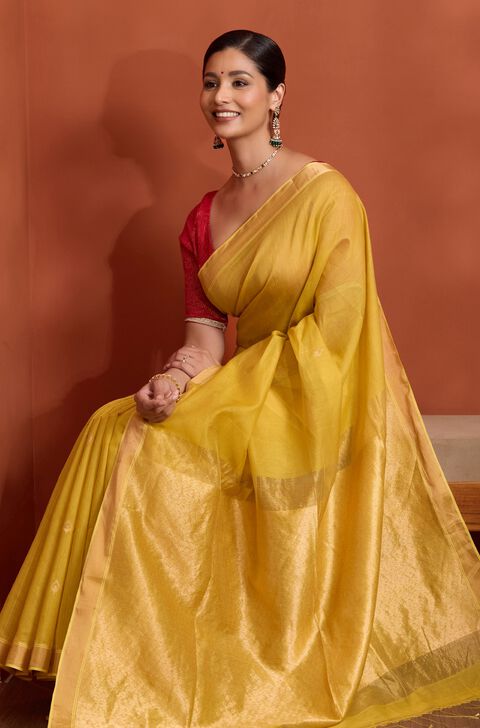 Yellow Woven Pure Silk Cotton Bengal Saree