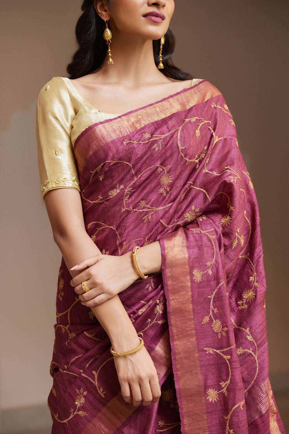 Dark Pink Pure Tissue Tussar Embroidered Saree image number null