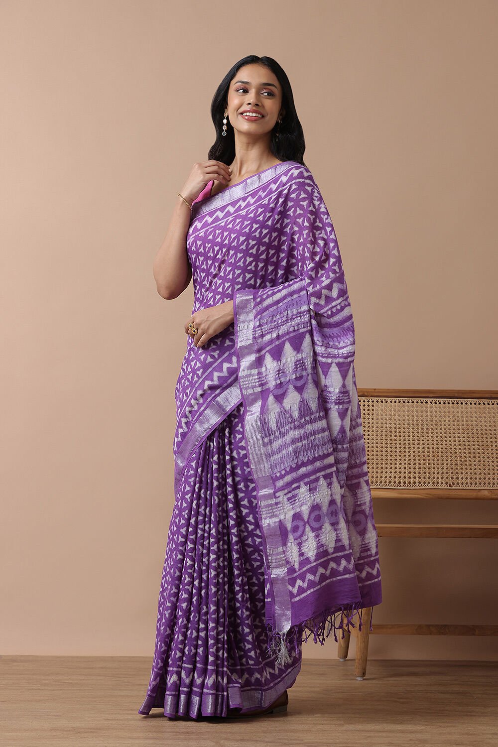 Light Violet Cotton Viscose Rajasthan Block Printed Saree image number null