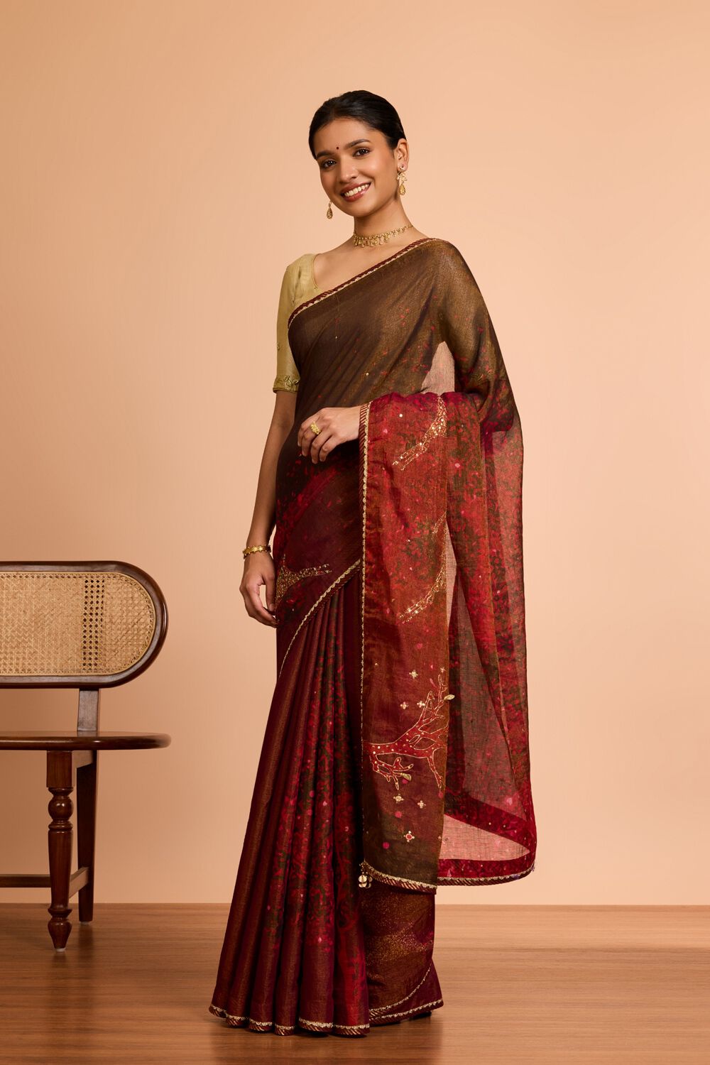 Brown Cotton Embroidered Saree image number null