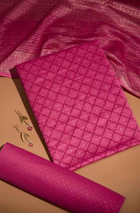 Dark Pink Pure Silk Cotton Block Printed Unstitched Suit Set