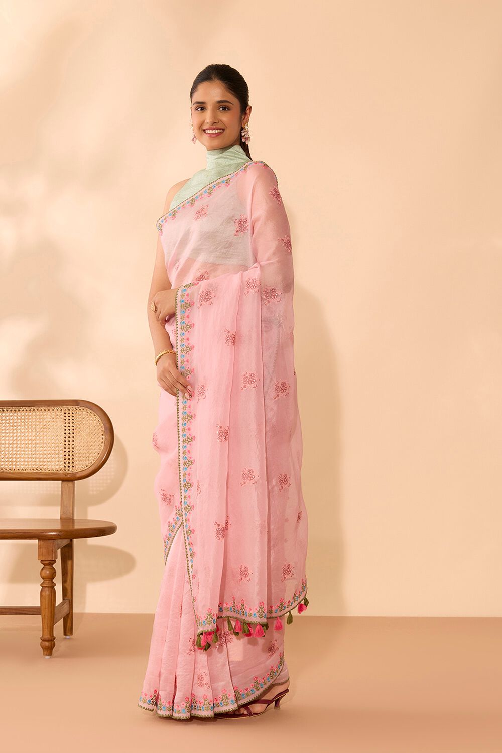 Light Pink Pure Silk Organza Embroidered Saree image number null