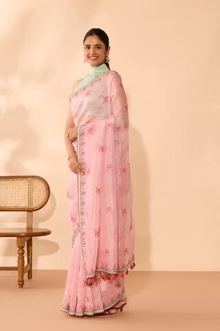 Light Pink Pure Silk Organza Embroidered Saree thumbnail image number null