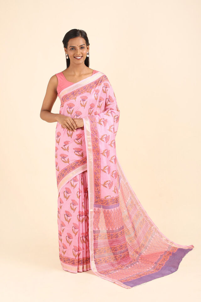 Light Pink Pure Silk Cotton Sanganeri Printed Saree