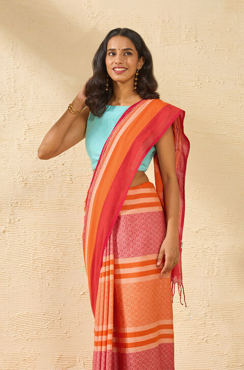Orange Pure Cotton Woven Bengal Saree