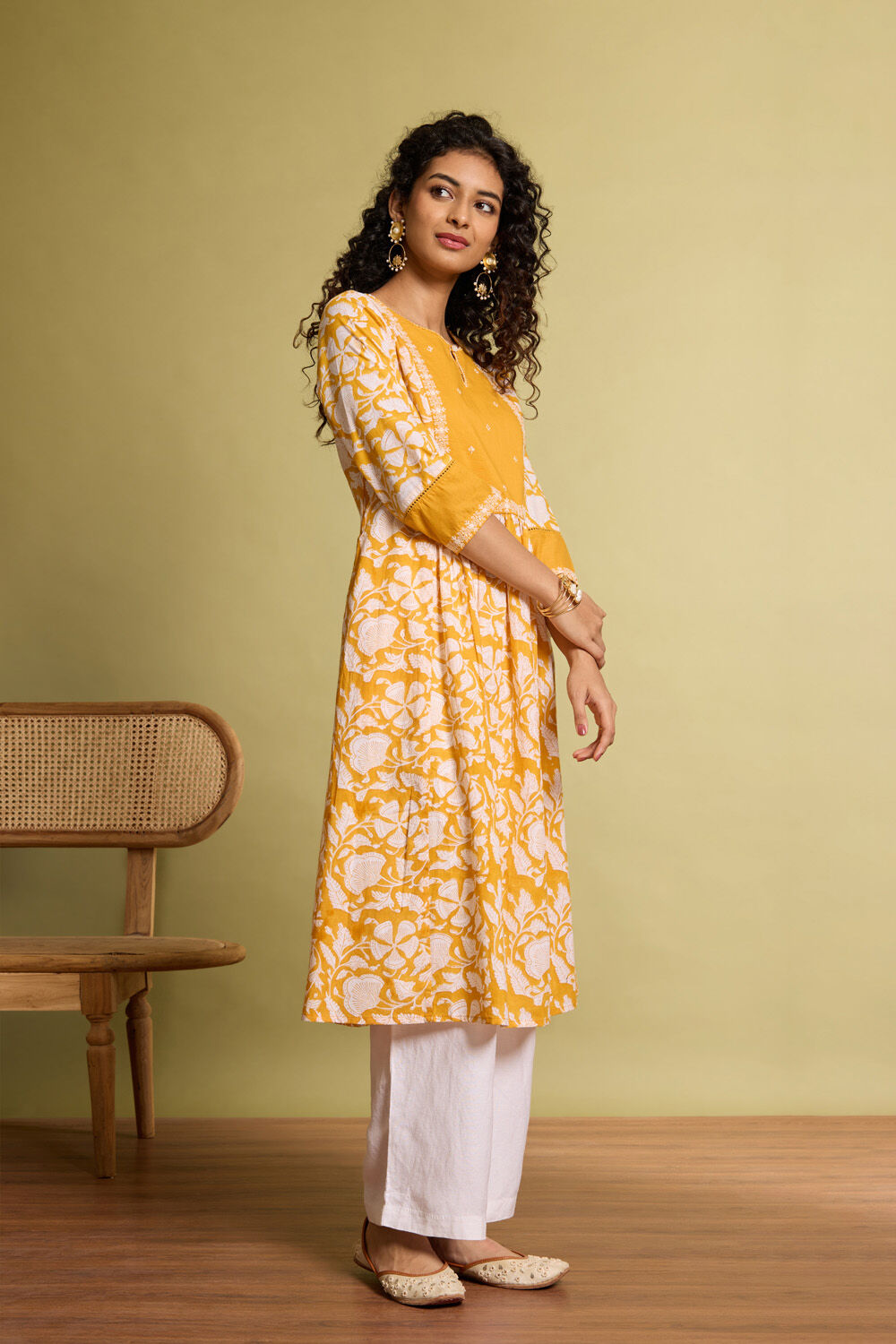 Yellow Pure Cotton Printed Embroidery Kurta image number null