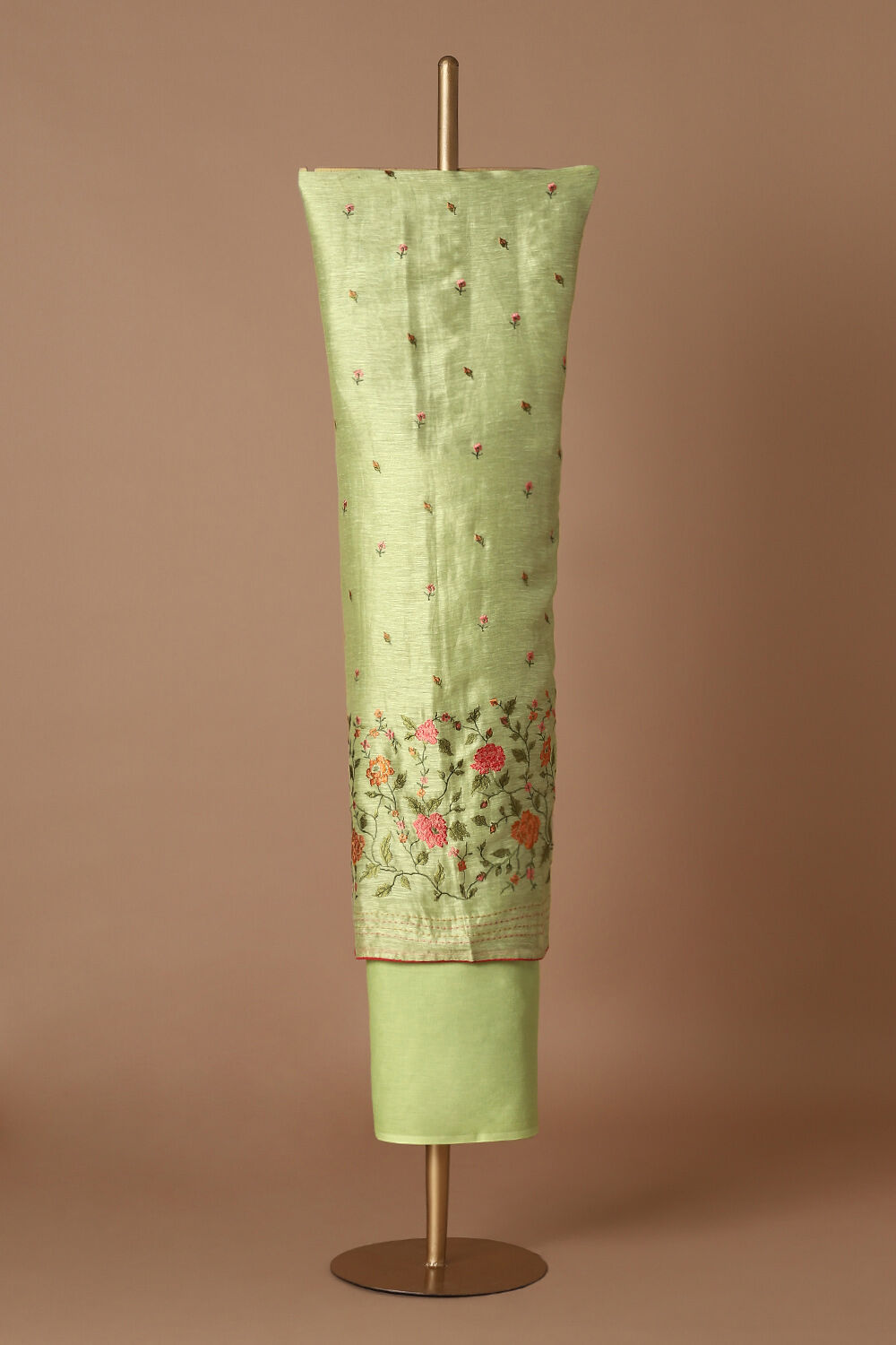 Light Green Silk Linen Embroidered Unstitched Suit Set image number null