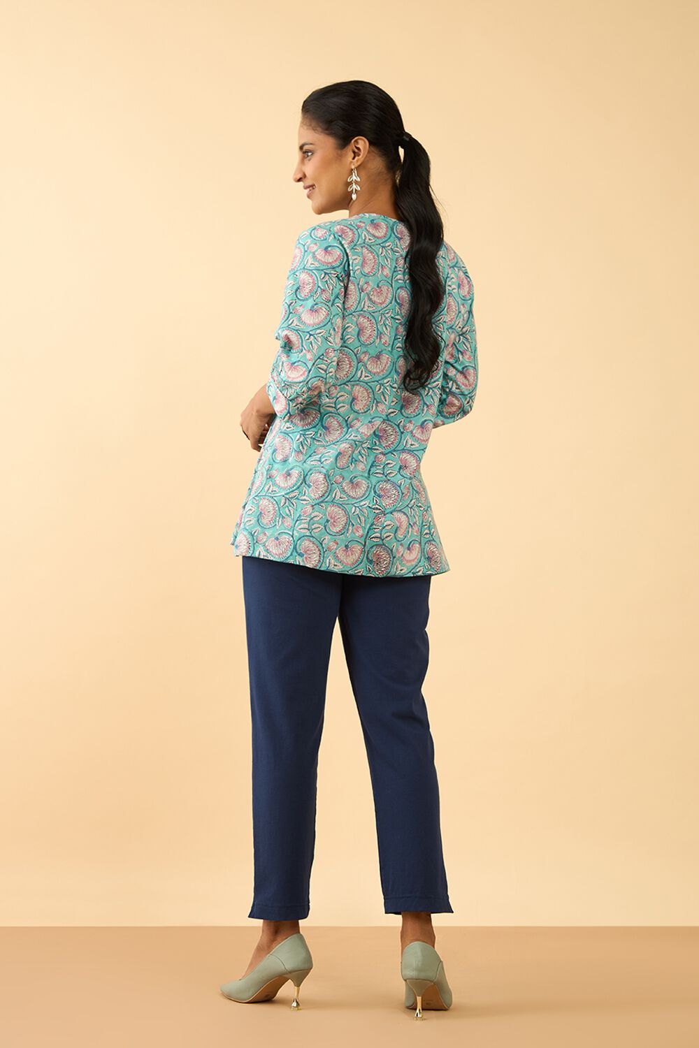 Light Green Printed Sanganeri Pure Cotton Short Top image number null