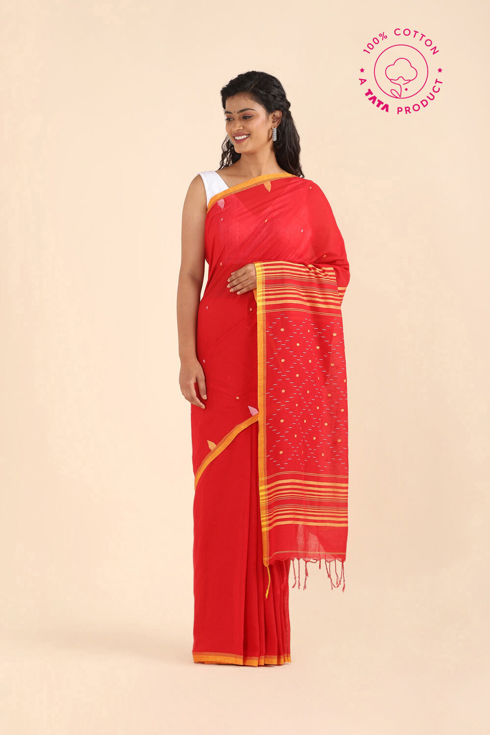 Red Pure Cotton Jamdani Saree image number null