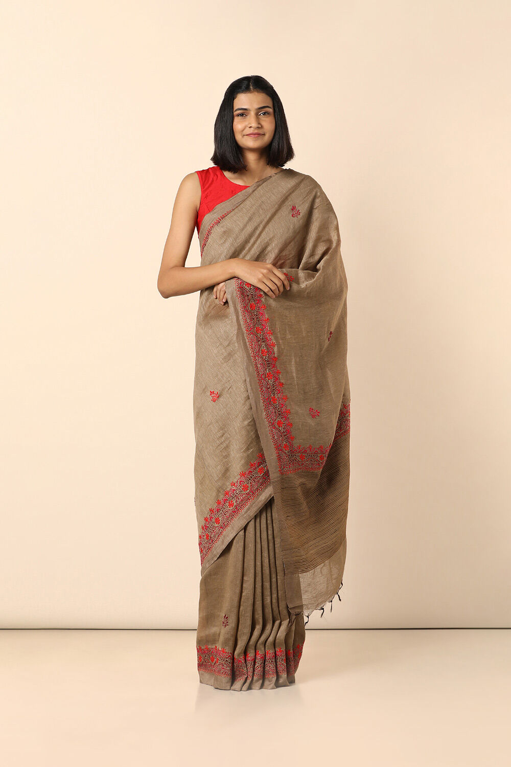 Beige Embroidered Pure Silk Linen Saree image number null