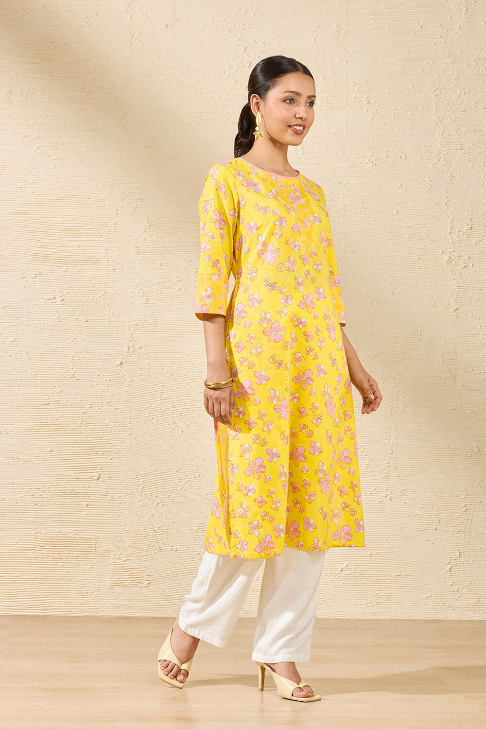 Yellow Sanganeri Block Printed Pure Cotton Kurta image number null