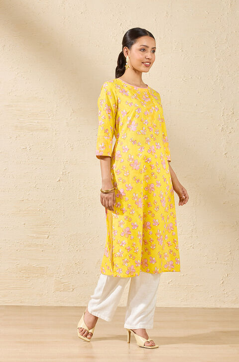 Yellow Sanganeri Block Printed Pure Cotton Kurta