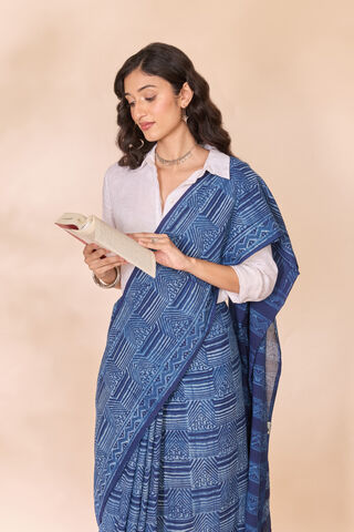 Blue Rajasthan Pure Cotton Dabu Block Printed Saree image number