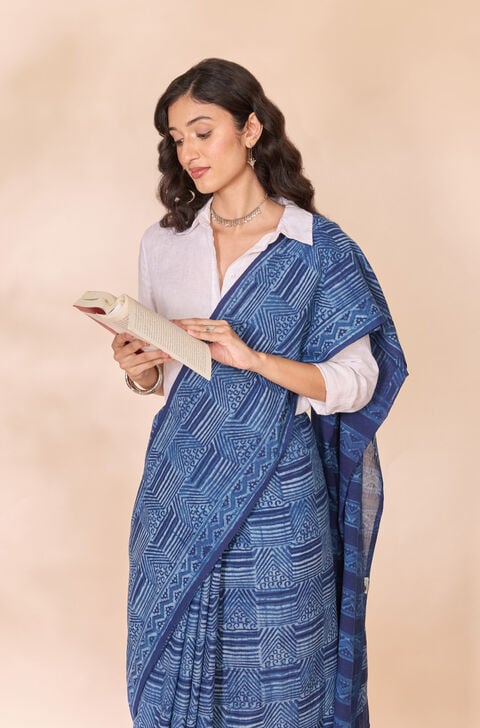 Blue Rajasthan Pure Cotton Dabu Block Printed Saree