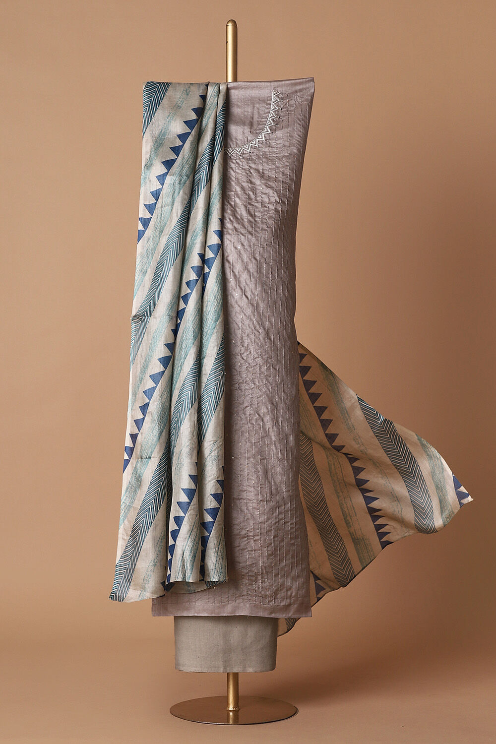Grey Tussar Embroidered Unstitched Suit Set image number null