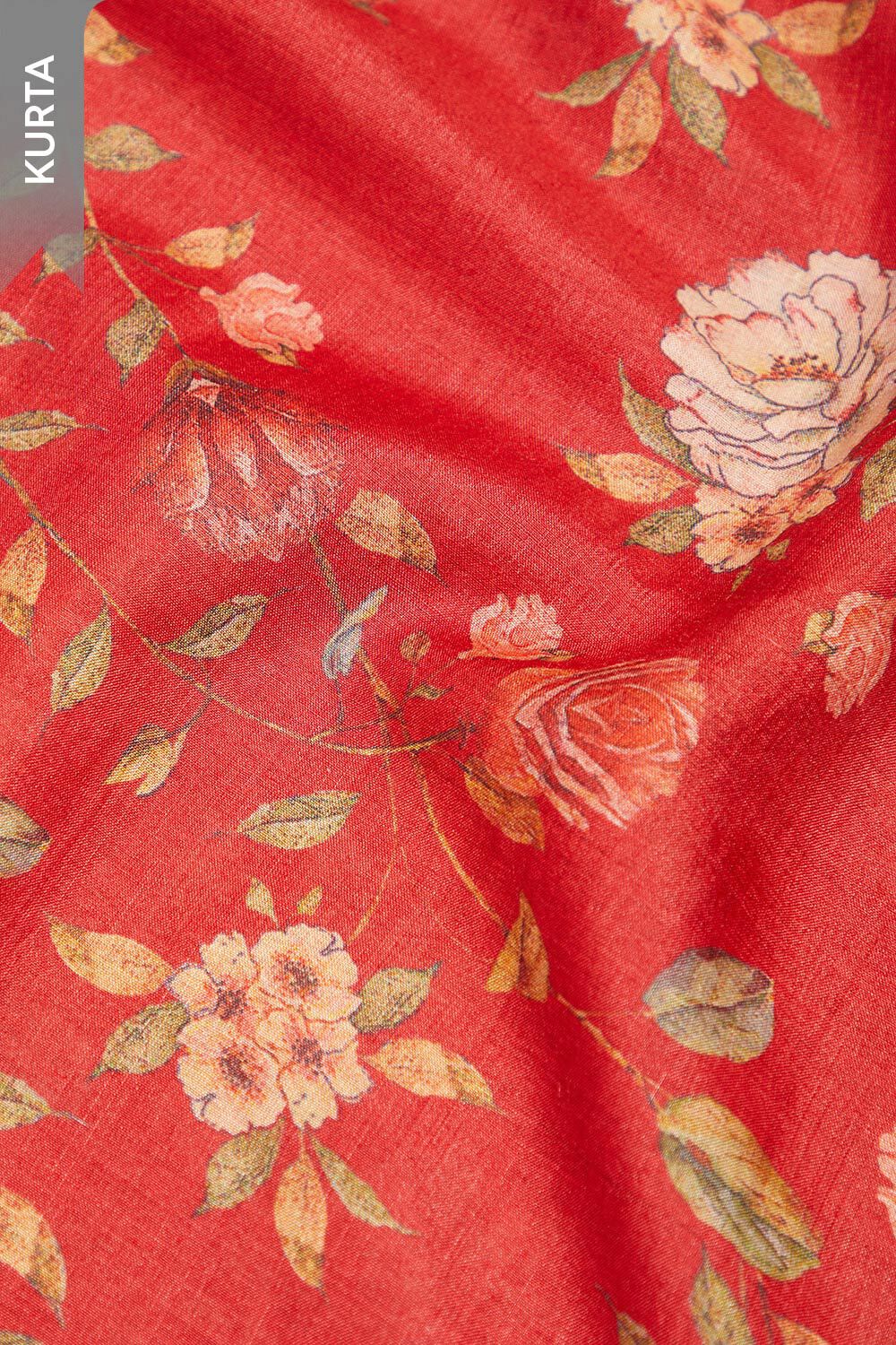 Red Printed Pure Tussar Silk Unstitched Suit Set image number null