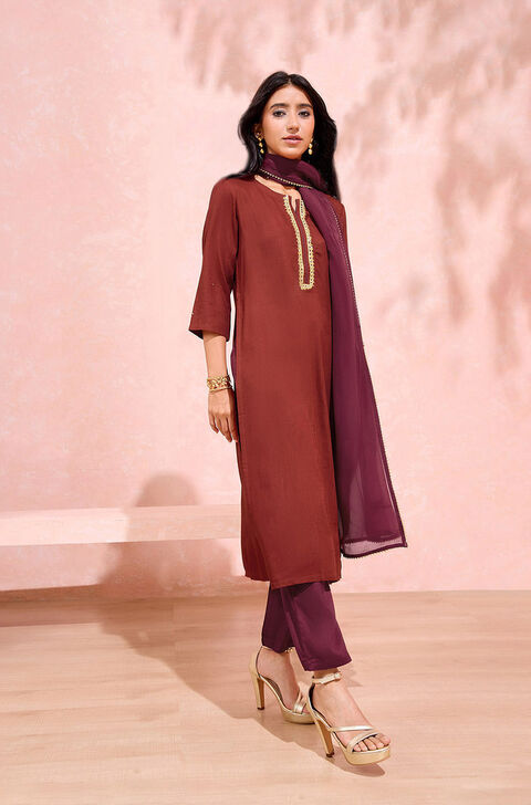 Dark Maroon Viscose Embroidered Kurta Set