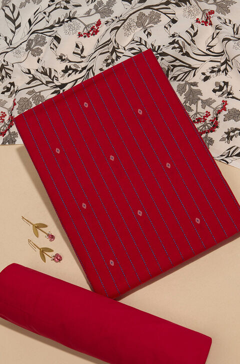 Red Woven Pure Cotton Unstitched Suit Set