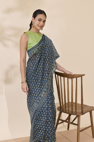 Blue Block Printed Pure Silk Cotton Chanderi Saree image number