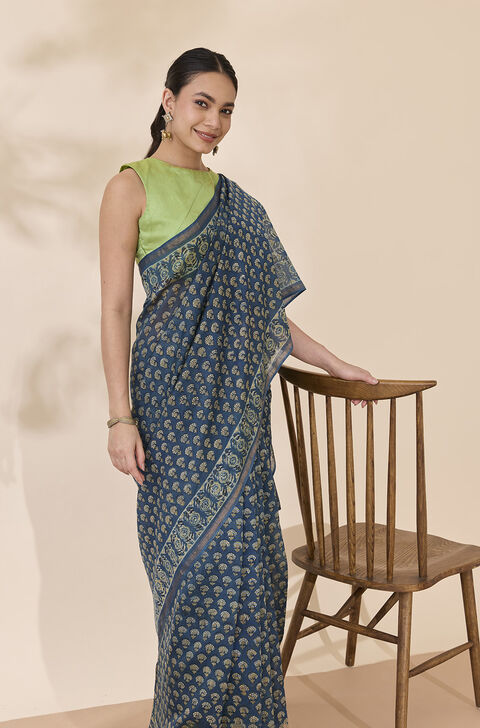 Blue Block Printed Pure Silk Cotton Chanderi Saree