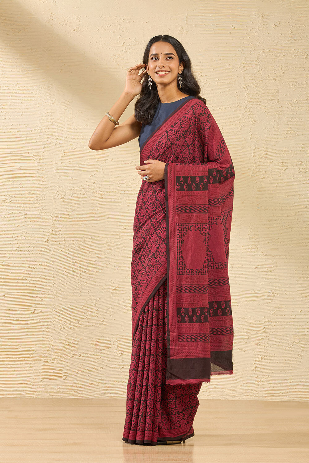 Red Bagh Block Printed Pure Cotton Saree image number null