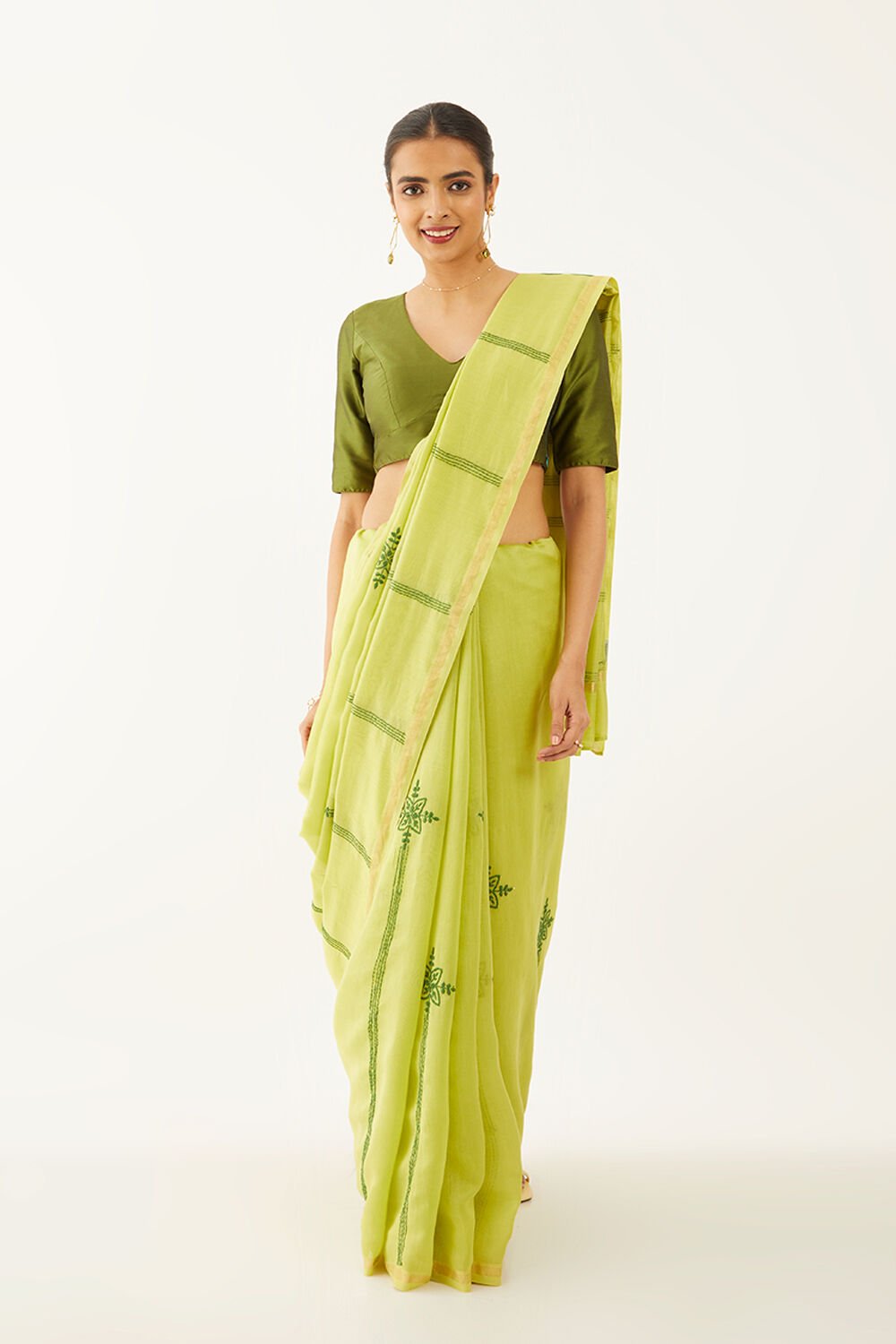 Green Pure Silk Cotton Chikankari Embroidery Saree image number null