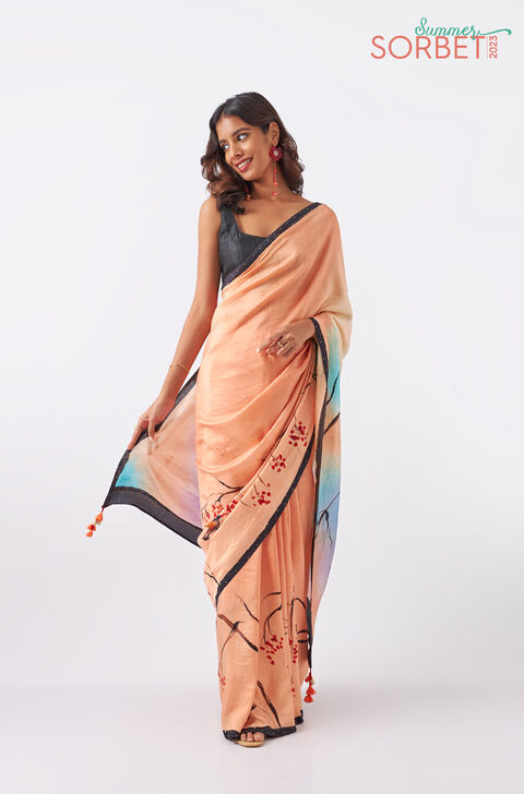 Light Orange Pure Silk Hand Painted Saree