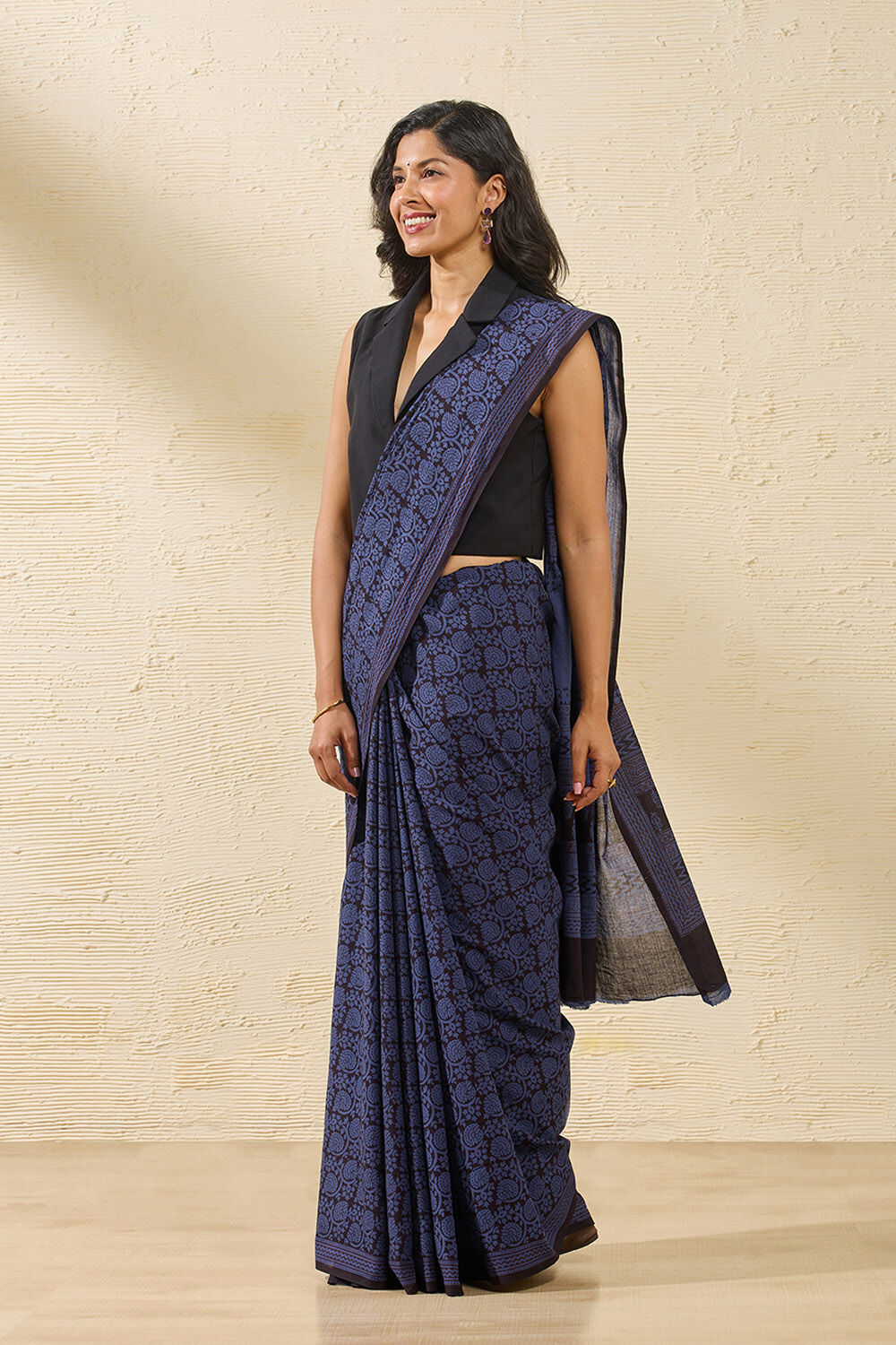 Dark Blue Bagh Block Printed Pure Cotton Saree image number null