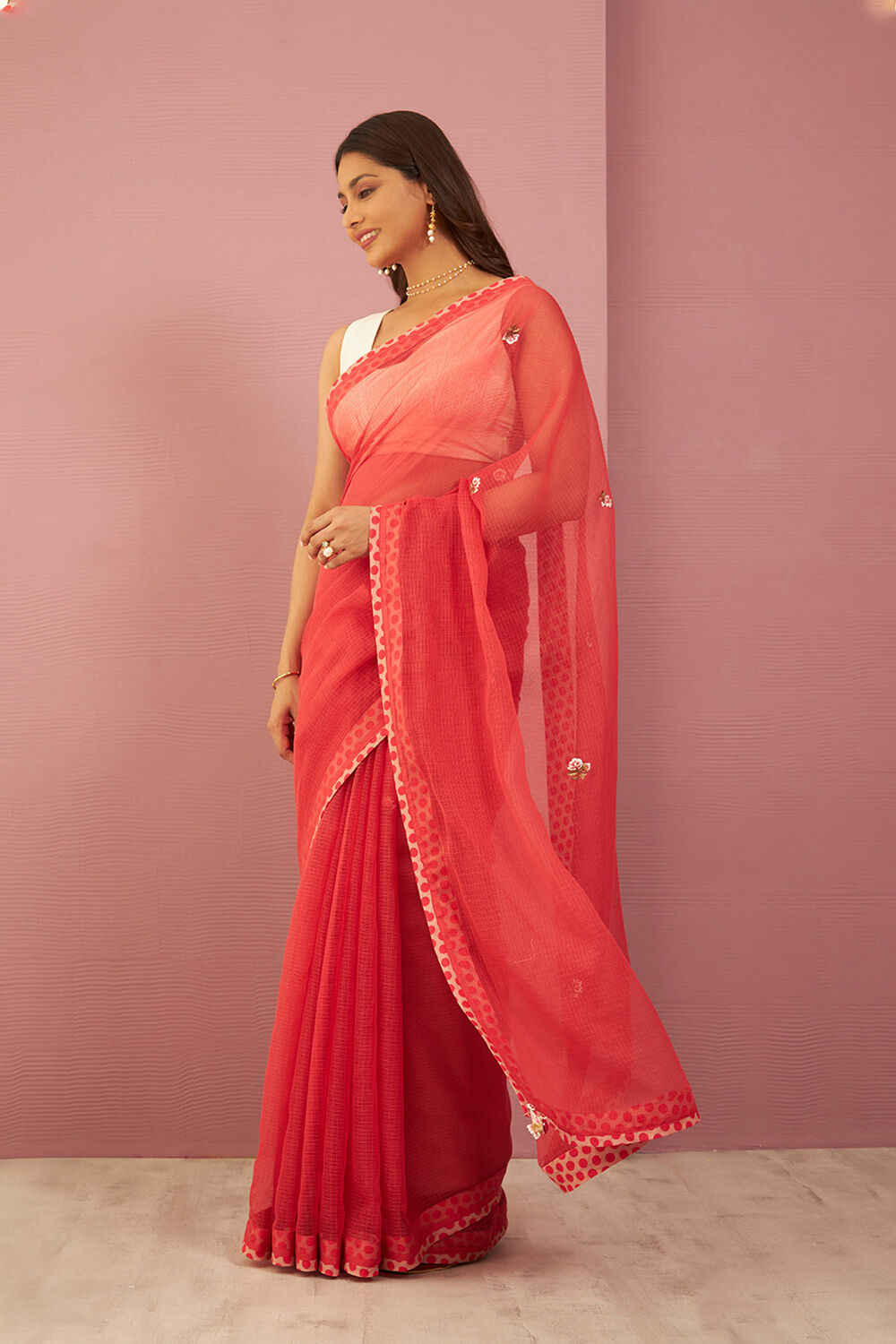 Red Pure Kota Embroidered Saree image number null