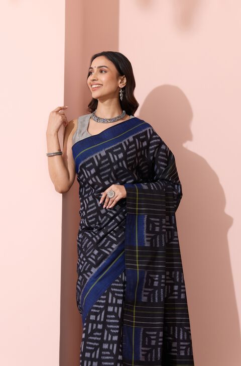 Black Odissa Pure Cotton Ikat Saree