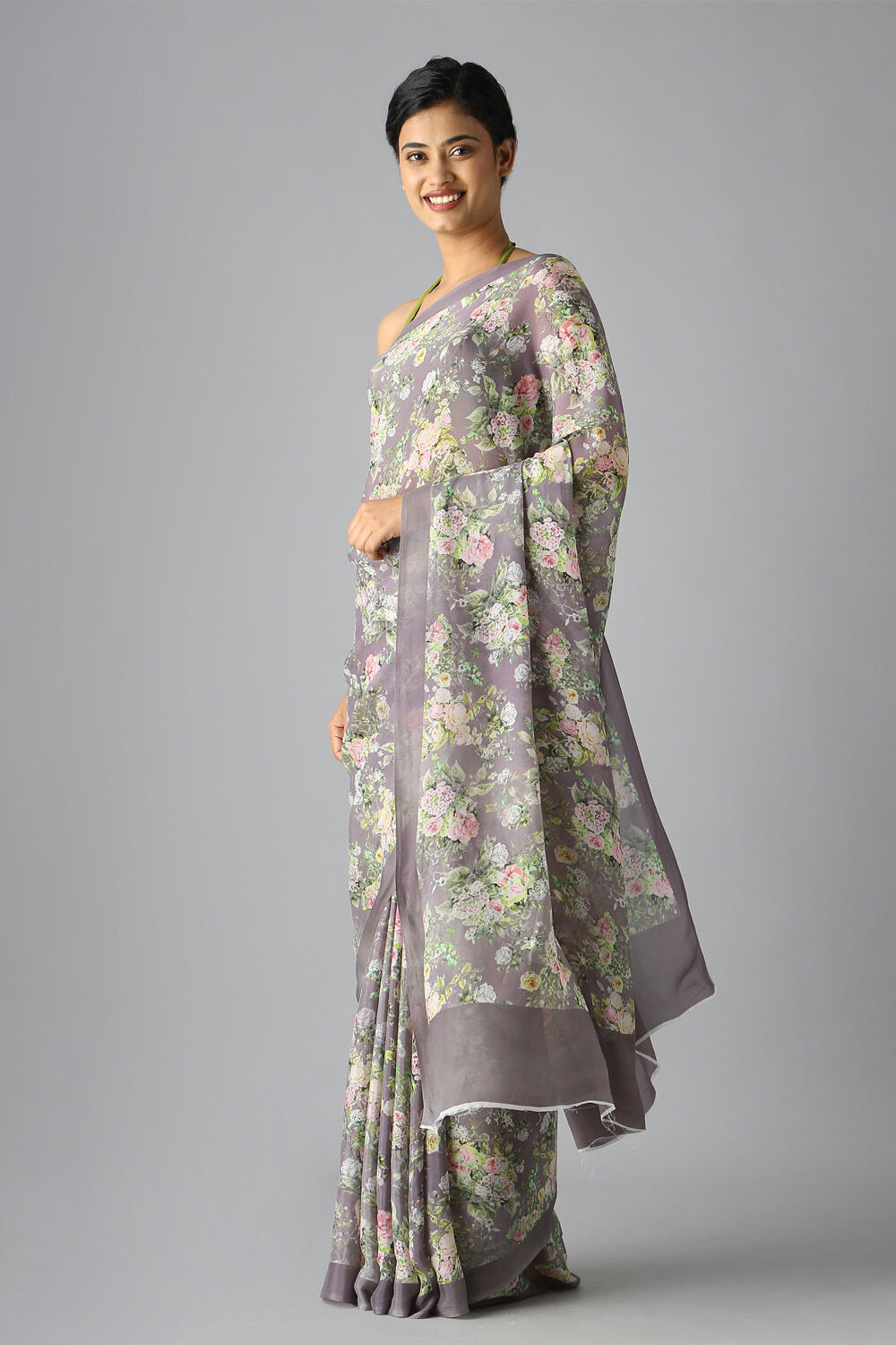 Grey  Viscose Crepe Digital Printed Saree image number null