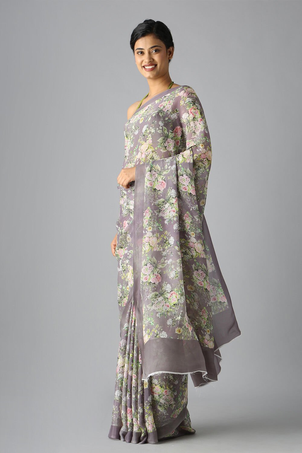 Grey Viscose Crepe Digital Printed Saree image number null