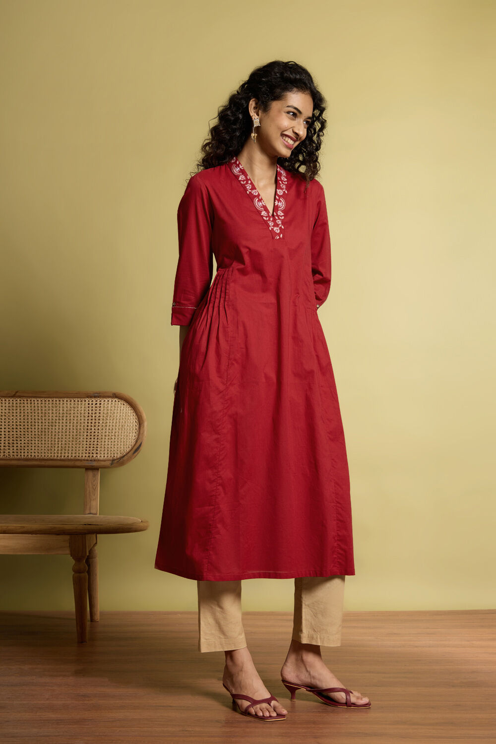 Red Embroidered Pure Cotton Kurta image number null