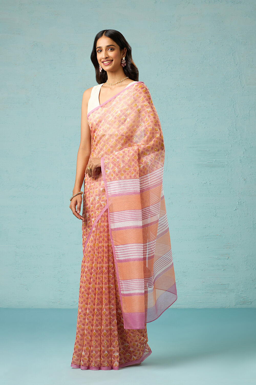Orange Screen Printed Pure Silk Cotton Saree image number null
