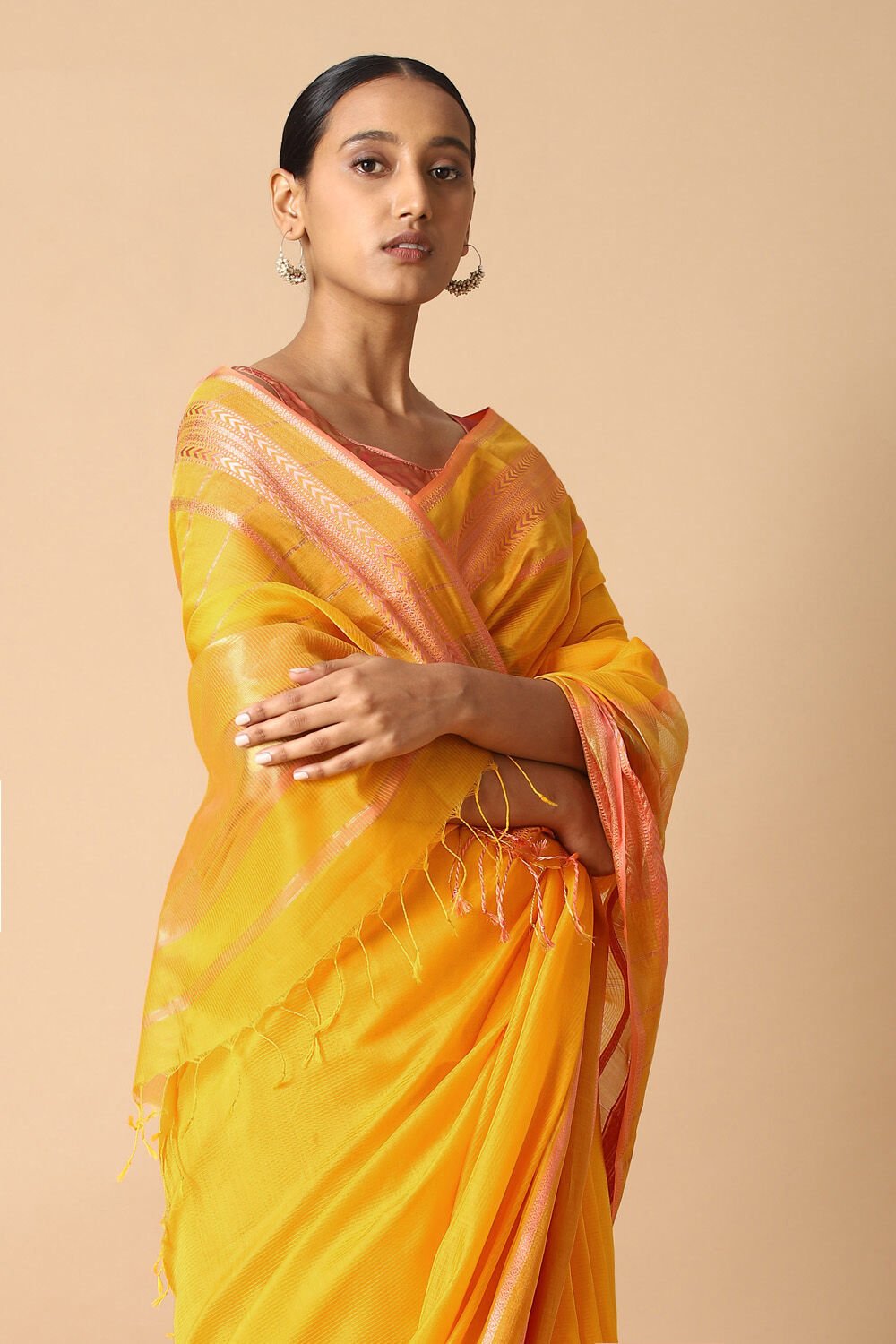 Yellow Pure Silk Cotton Maheswari Saree image number null