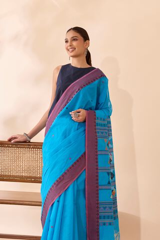 Blue Woven Pure Cotton Saree image number