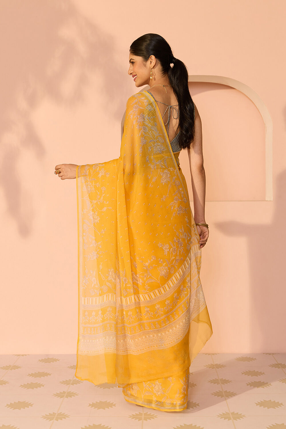 Yellow Screen Printed Viscose Chiffon Saree image number null