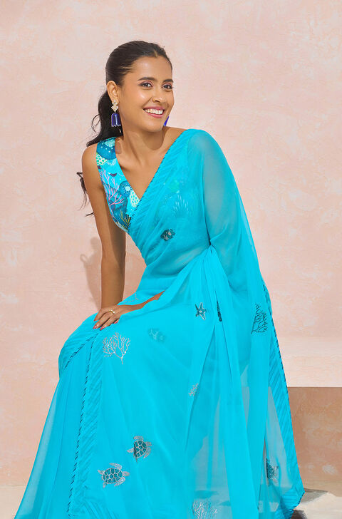 Blue Crystal Viscose Chiffon Saree