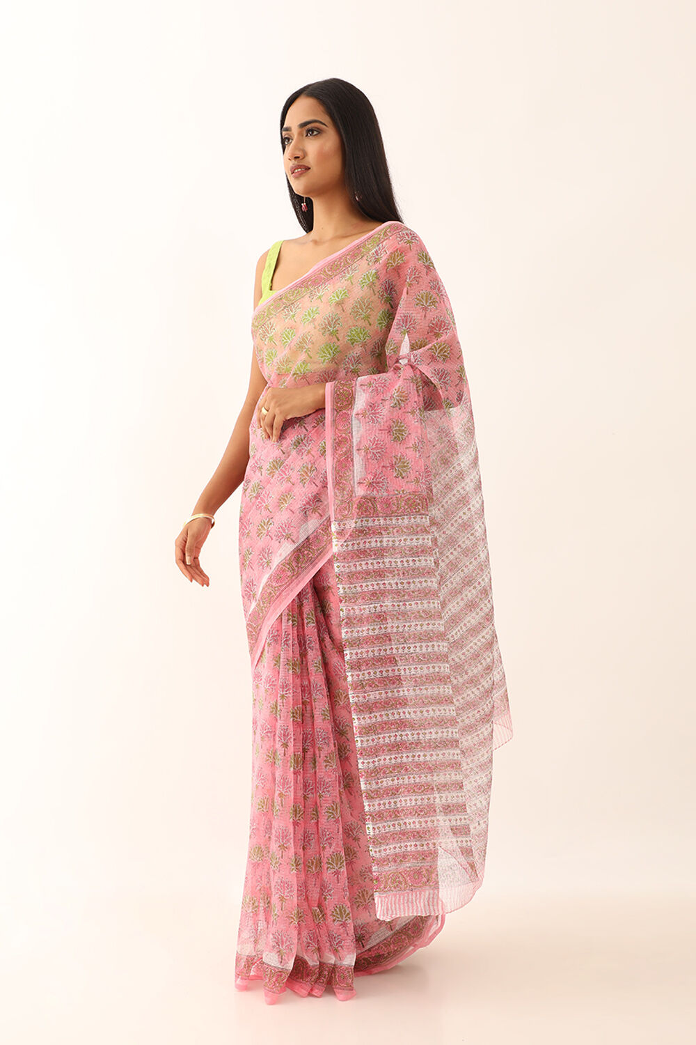 Pink Pure Cotton Kota Bagru Block Printed Saree image number null