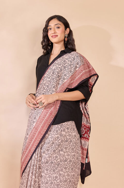 Off White Bagh Block Printed Pure Cotton Saree
