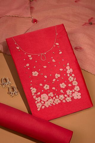 Pink Pure Silk Cotton Embroidered Unstitched Suit Set image number