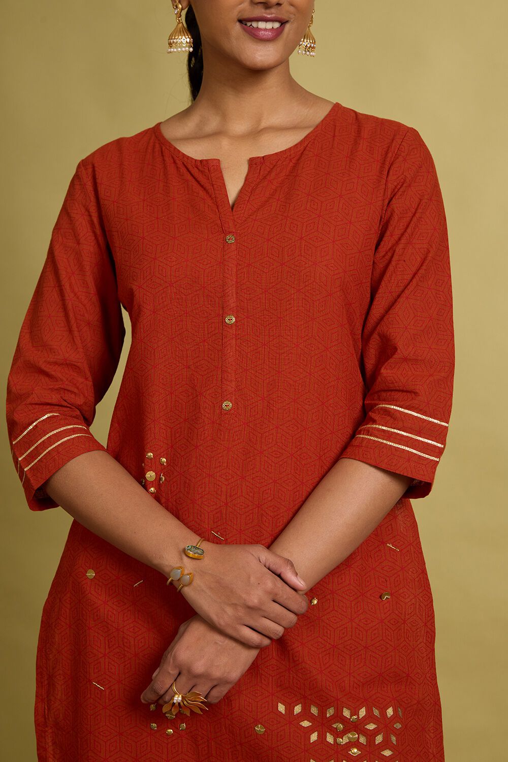 Orange Block Printed Pure Cotton Kurta image number null