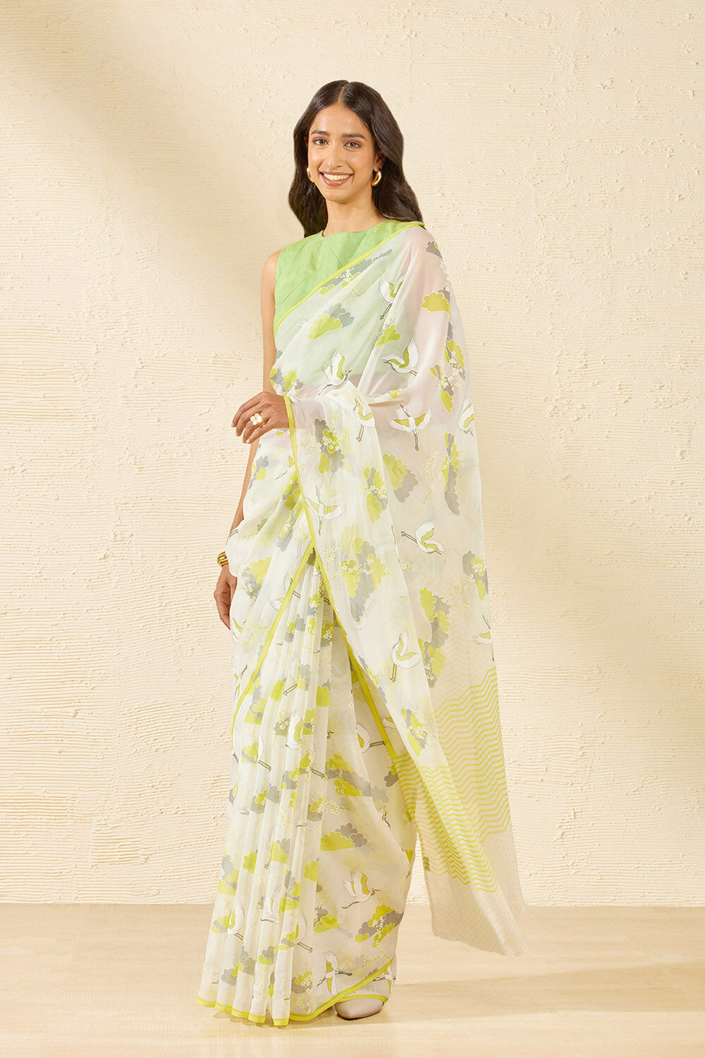 Off White Screen Printed Viscose Organza Saree image number null