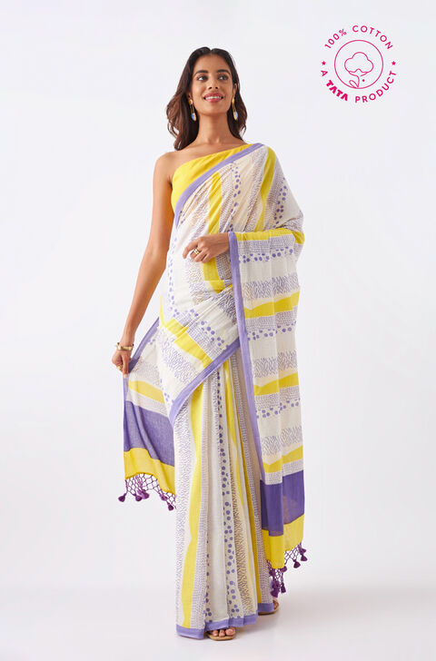 Off White Pure Cotton Printed Saree