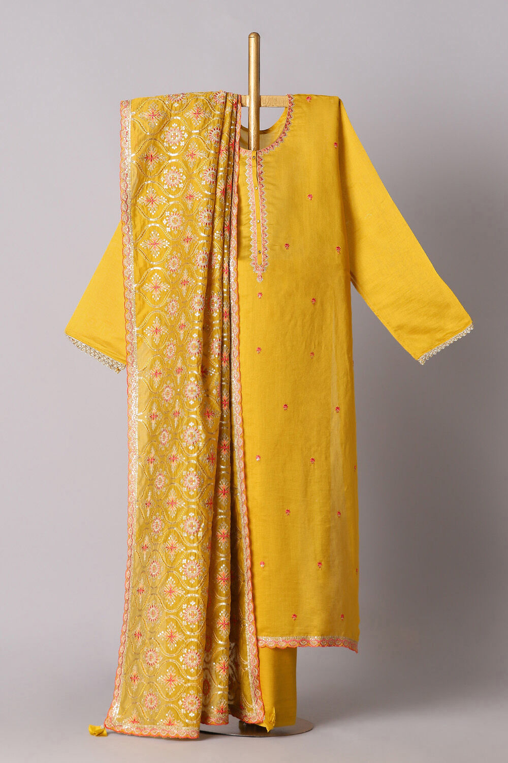 Yellow Silk Cotton Embroidered Semistitched Suit Set image number null