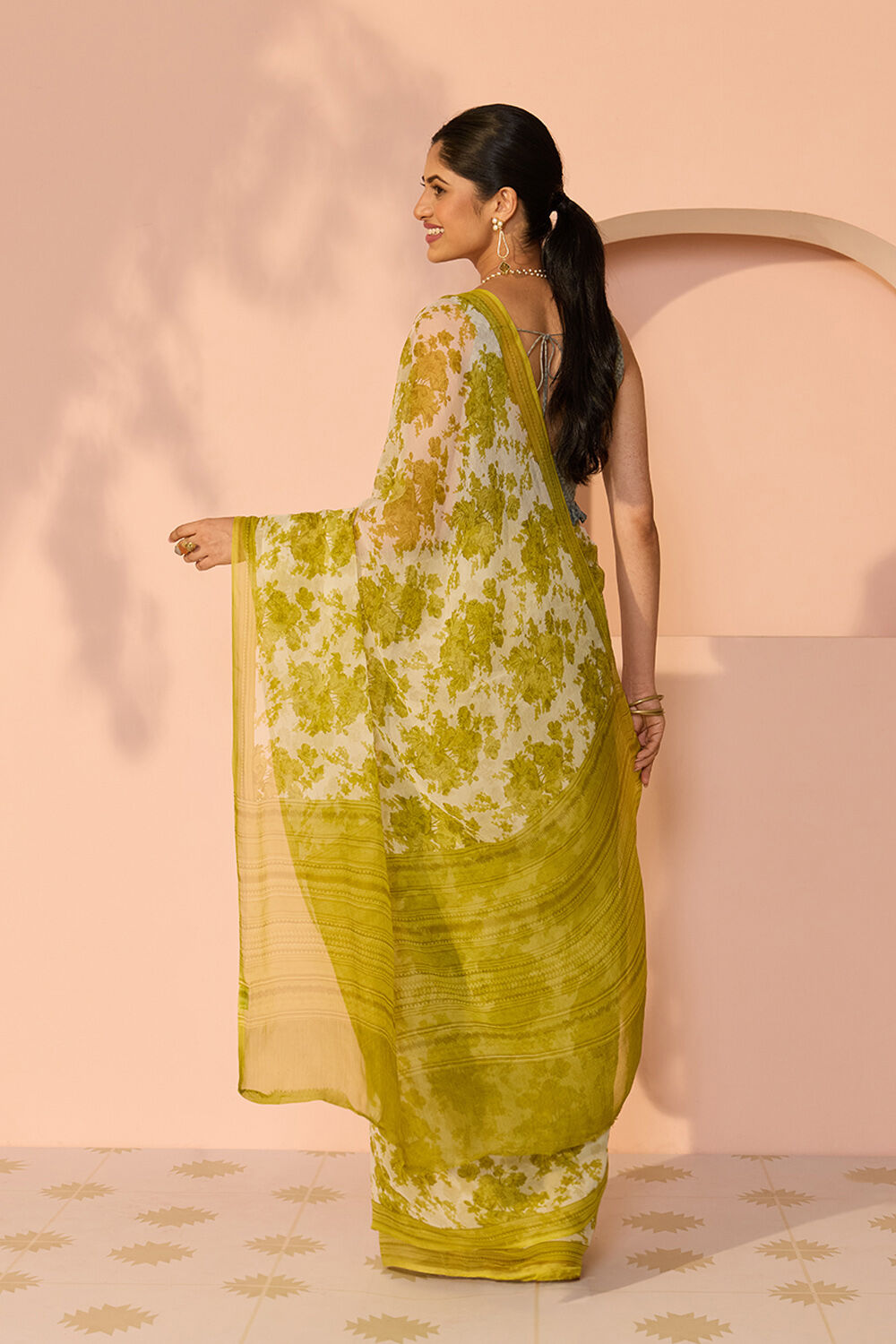 Green Screen Printed Viscose Chiffon Saree image number null