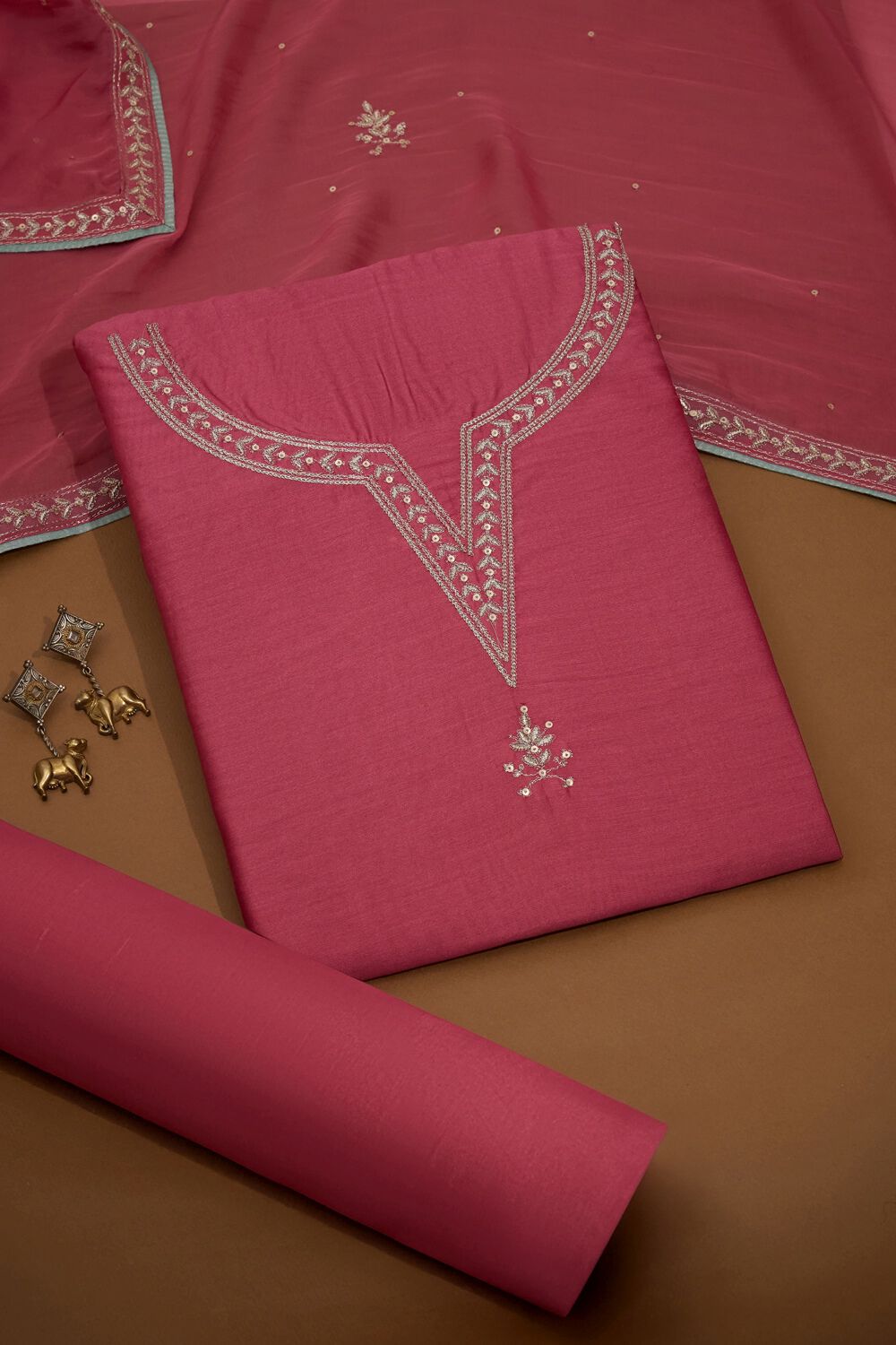 Pink Embroidered Pure Silk Cotton Unstitched Suit Set image number null