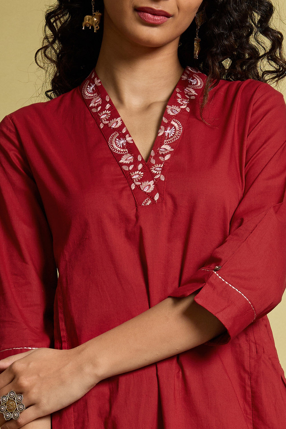 Red Embroidered Pure Cotton Kurta image number null