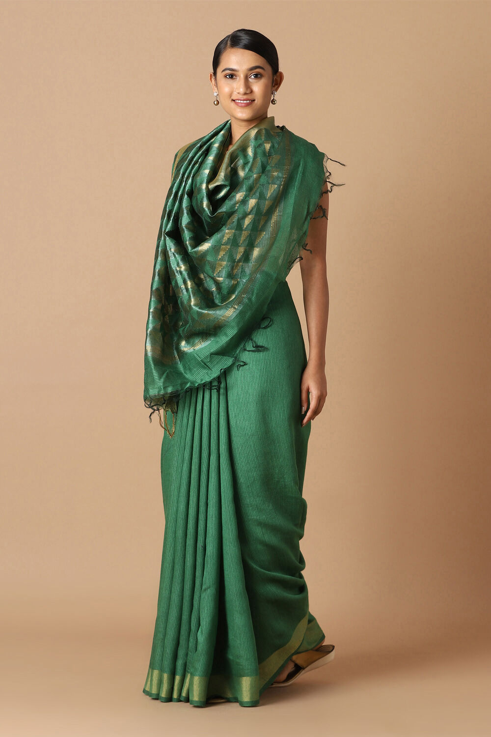 Dark Green Pure Silk Tussar Bhagalpuri Saree image number null