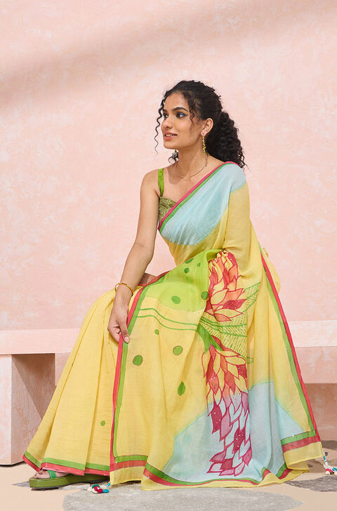 Light Yellow Bengal Pure Silk Cotton Hand Painted Saree
